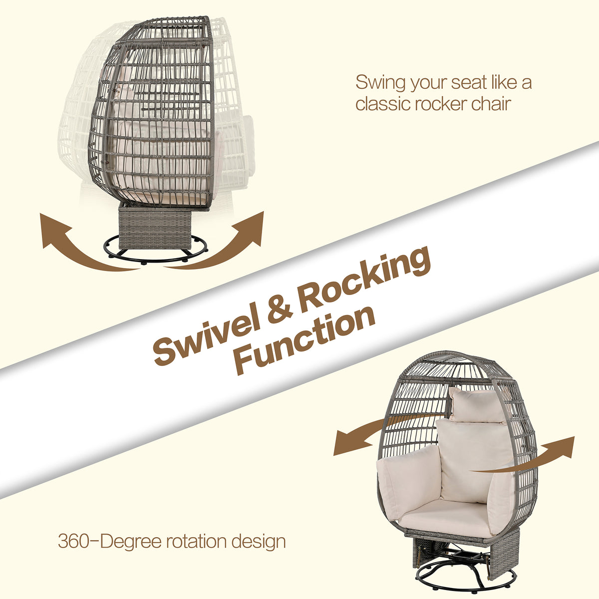 Outdoor Swivel Chair With Cushions, Rattan Egg Patio Chair With Rocking Function For Balcony, Poolside And Garden Grey Wicker Beige Cushion Beige Grey Wicker