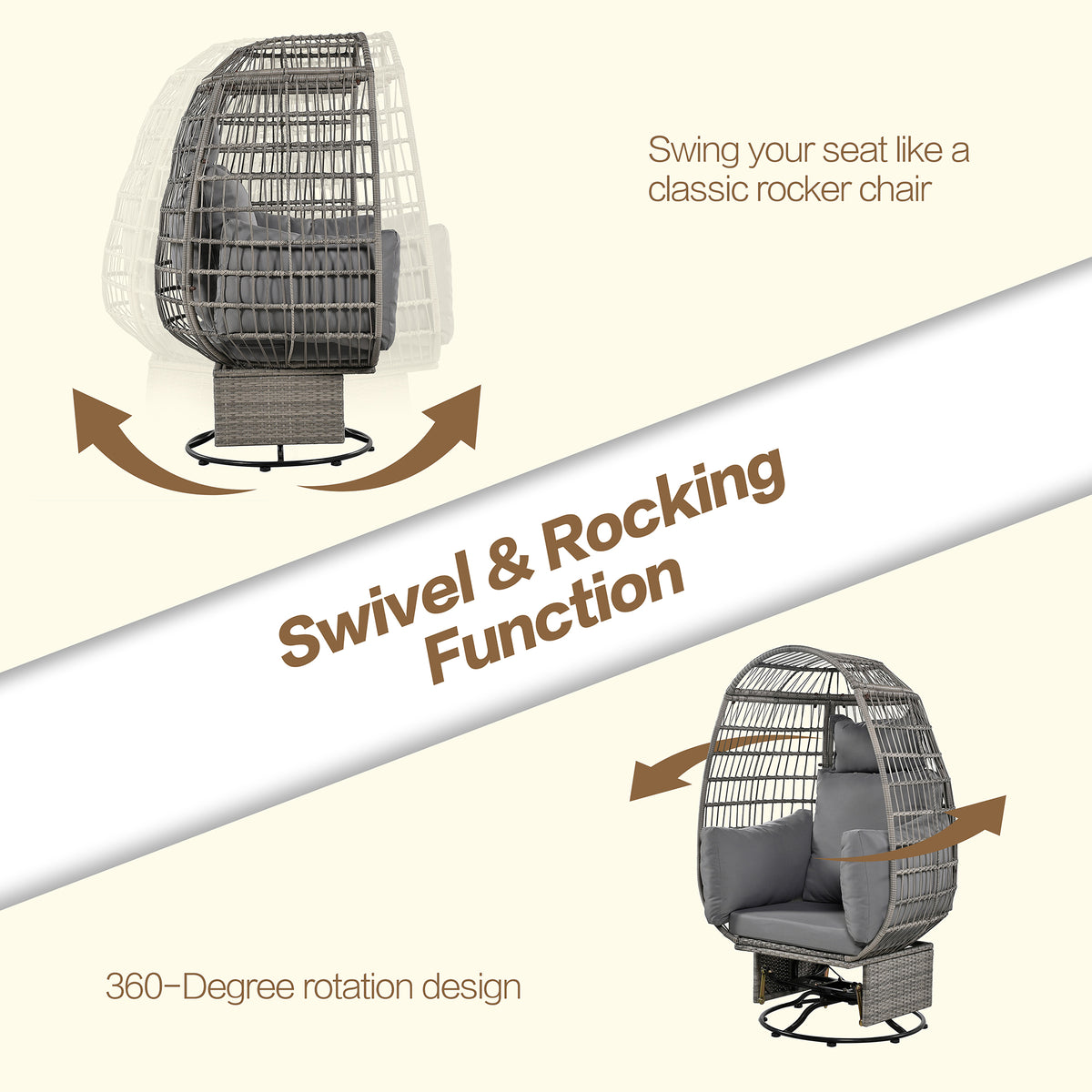 Outdoor Swivel Chair With Cushions, Rattan Egg Patio Chair With Rocking Function For Balcony, Poolside And Garden Grey Wicker Grey Cushion Grey Wicker