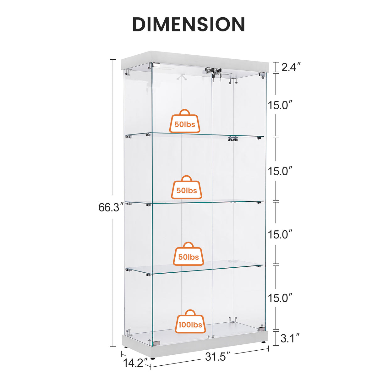 4 Tier Glass Display Cabinet, Double Door Glass Cabinet, Four Partitions, Two Locks, Floor Standing Storage Cabinet For Living Room, Bedroom, Showroom And Office, White, 31.5"L X 14.2"W X 66.3"H White Glass