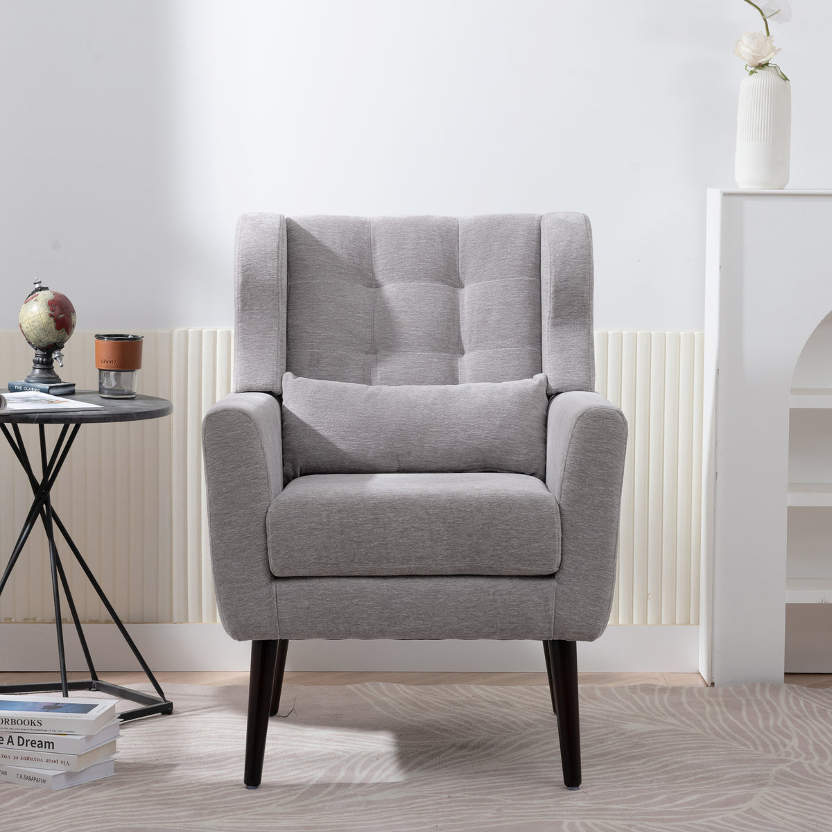 Modern Accent Chair,Chenille Arm Chairs For Living Room,Upholstered Mordern Armchair,Comfy Soft Padded Lounge Chair In Small Space, Bedroom, W Pillow, Solid Wood Leg Gray Grey Light Brown Primary Living Space Modern Rubberwood Foam Chenille