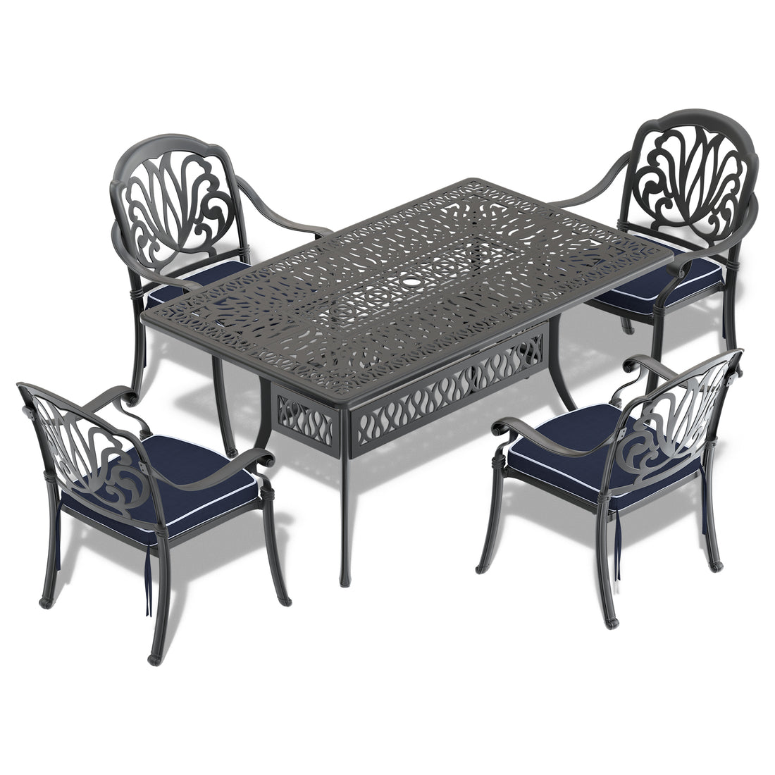 Cushions In Random Colors 5 Piece Set Of Cast Aluminum Patio Furniture With Cushions Yes Dining Set Black Seats 4 Rust Resistant Frame Water Resistant Cushion Garden & Outdoor Complete Patio Sets Aluminium