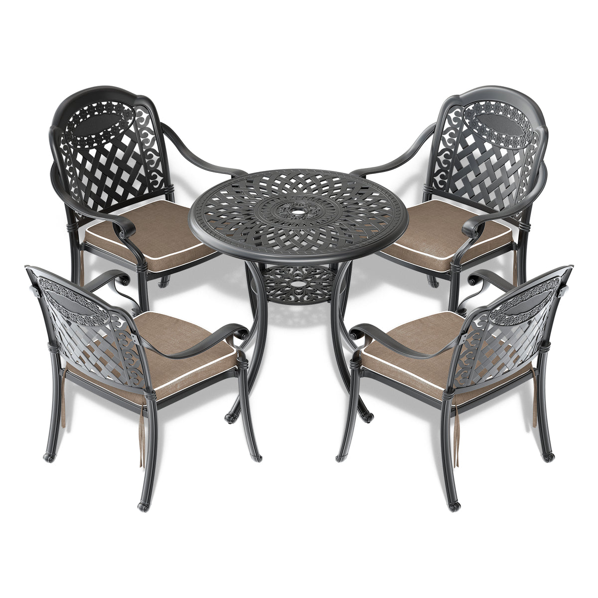 Cushions In Random Colors 5 Piece Set Of Cast Aluminum Patio Furniture With Cushions Yes Dining Set Black Seats 4 Rust Resistant Frame Water Resistant Cushion Garden & Outdoor Complete Patio Sets Aluminium