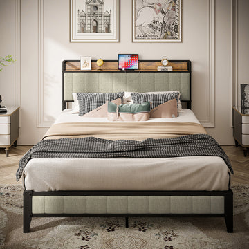 Queen Size Bed Frame With Charging Station, Upholstered Headboard, Metal Platform, Grey Box Spring Not Required Queen Light Gray Metal Bedroom American Design Bed Frame Linen Metal