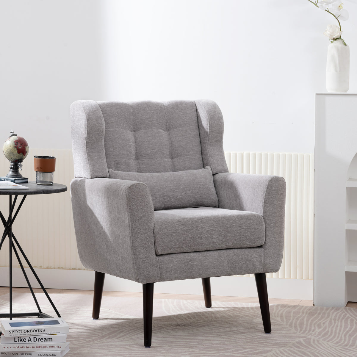 Modern Accent Chair,Chenille Arm Chairs For Living Room,Upholstered Mordern Armchair,Comfy Soft Padded Lounge Chair In Small Space, Bedroom, W Pillow, Solid Wood Leg Gray Grey Light Brown Primary Living Space Modern Rubberwood Foam Chenille
