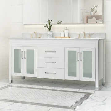 73'' Bathroom Vanity With Marble Top & Double Ceramic Sinks, 4 Doors With Glass, 3 Drawers, White White Solid Wood Mdf