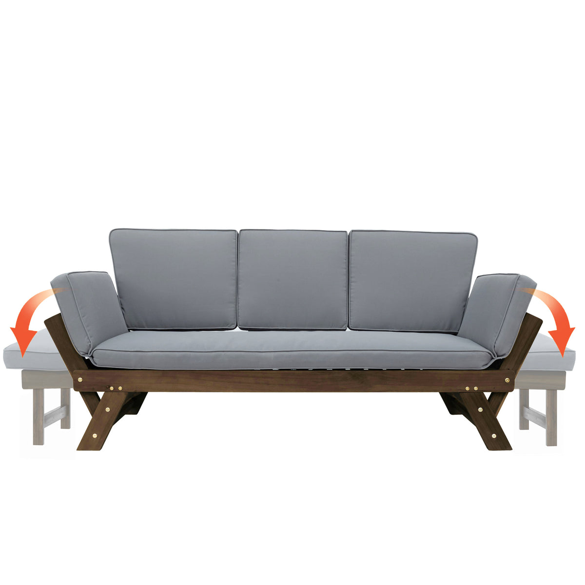 Outdoor Adjustable Patio Wooden Daybed Sofa Chaise Lounge With Cushions For Small Places, Brown Finish Gray Cushion Yes Complete Patio Set Gray Water Resistant Frame Water Resistant Cushion Garden & Outdoor Casual Sofa Seating Groups Foam Solid Wood