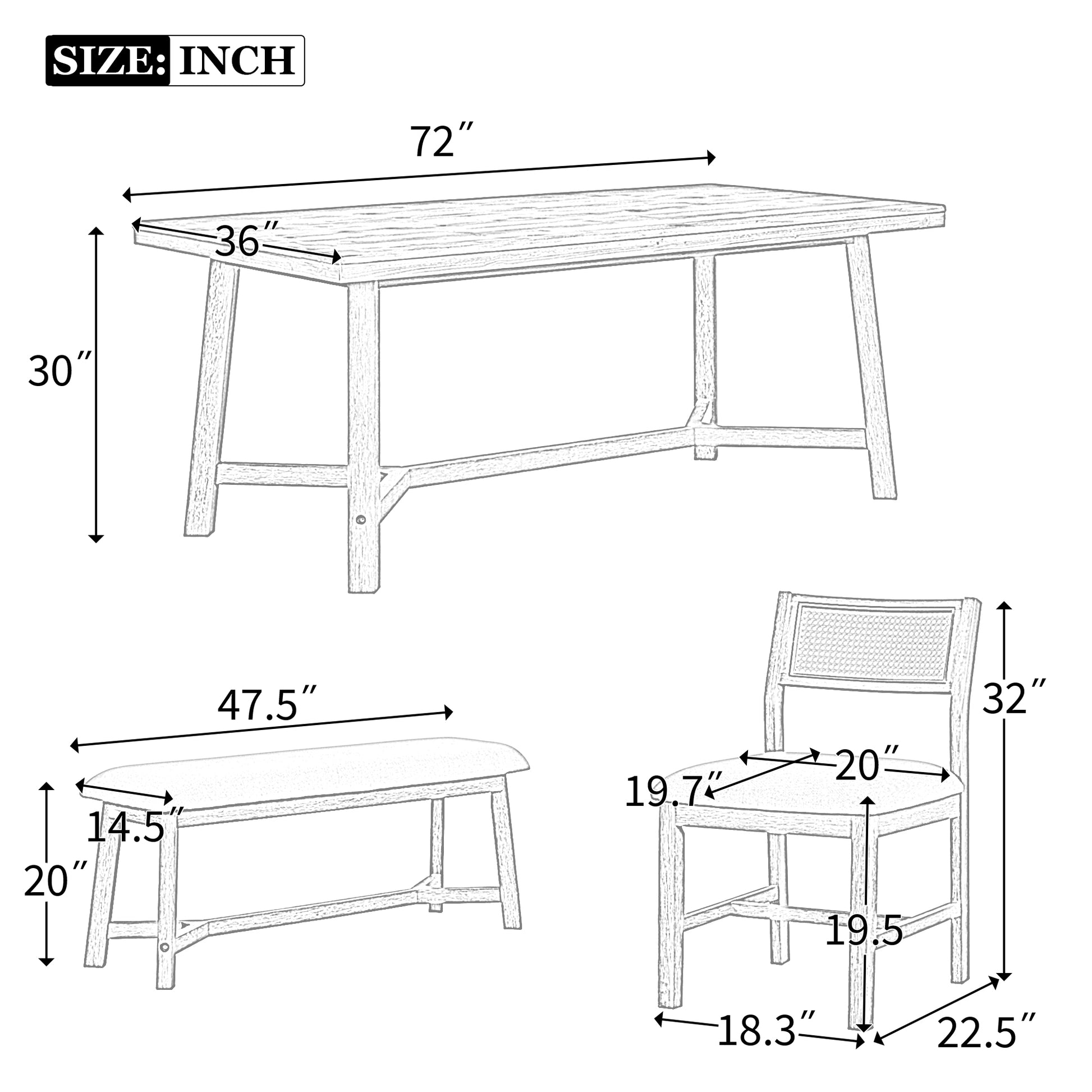 6 Piece Retro Farmhouse Style Dining Set, Rectangular Table And 4 Upholstered Chairs With Rattan And Bench For Dining Room And Kitchen Gray Gray Solid Wood Mdf