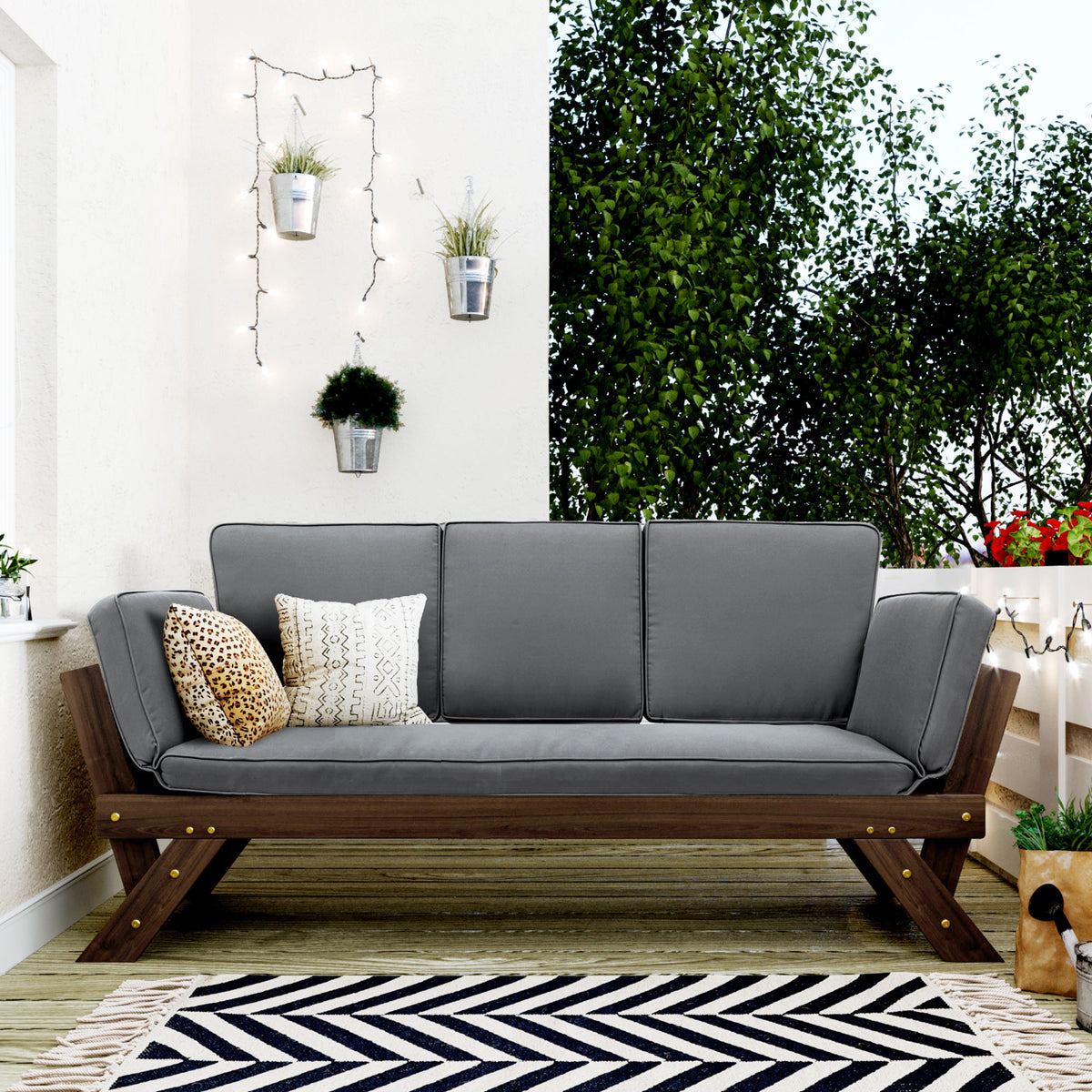 Outdoor Adjustable Patio Wooden Daybed Sofa Chaise Lounge With Cushions For Small Places, Brown Finish Gray Cushion Yes Complete Patio Set Gray Water Resistant Frame Water Resistant Cushion Garden & Outdoor Casual Sofa Seating Groups Foam Solid Wood