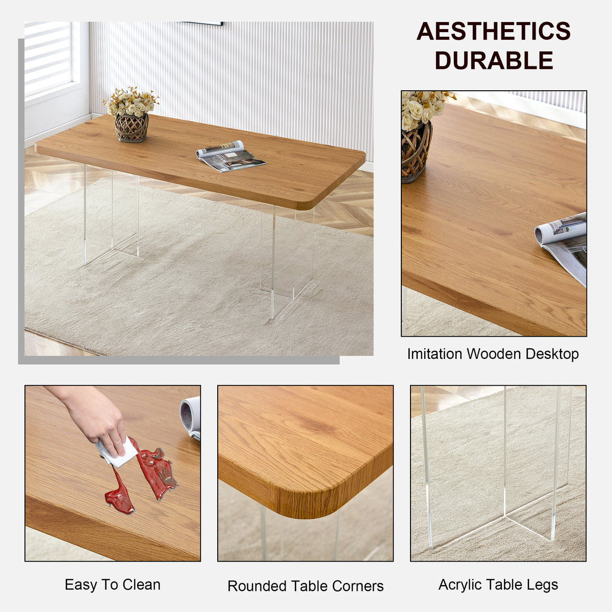 A Modern Minimalist Wooden Table With Acrylic Legs And Rectangular Tables. Computer Desk. Dining Table. Suitable For Restaurants, Living Rooms, And Kitchens. F 1298 Wood Mdf