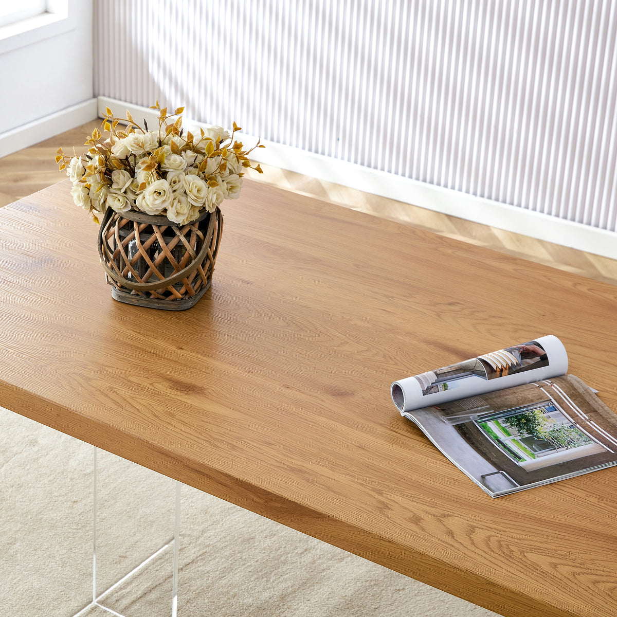 A Modern Minimalist Wooden Table With Acrylic Legs And Rectangular Tables. Computer Desk. Dining Table. Suitable For Restaurants, Living Rooms, And Kitchens. F 1298 Wood Mdf
