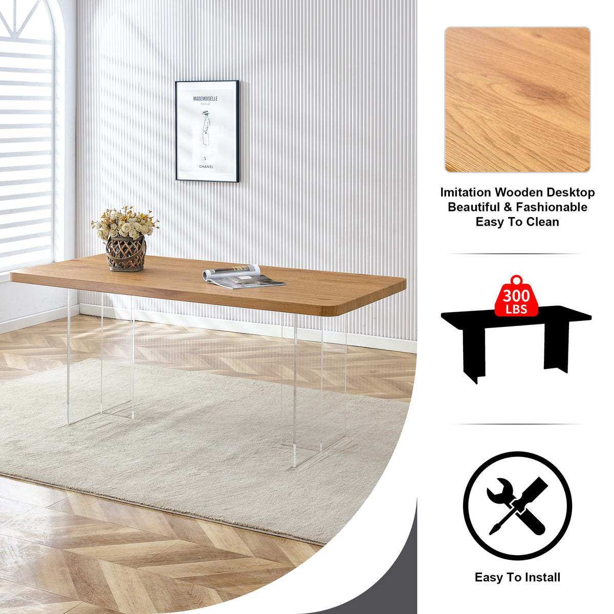 A Modern Minimalist Wooden Table With Acrylic Legs And Rectangular Tables. Computer Desk. Dining Table. Suitable For Restaurants, Living Rooms, And Kitchens. F 1298 Wood Mdf