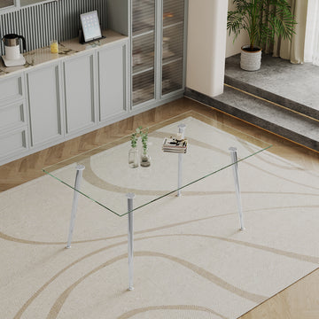 0.32" Thick Tempered Glass Top Dining Table With Silver Stainless Steel Legs Silver Tempered Glass