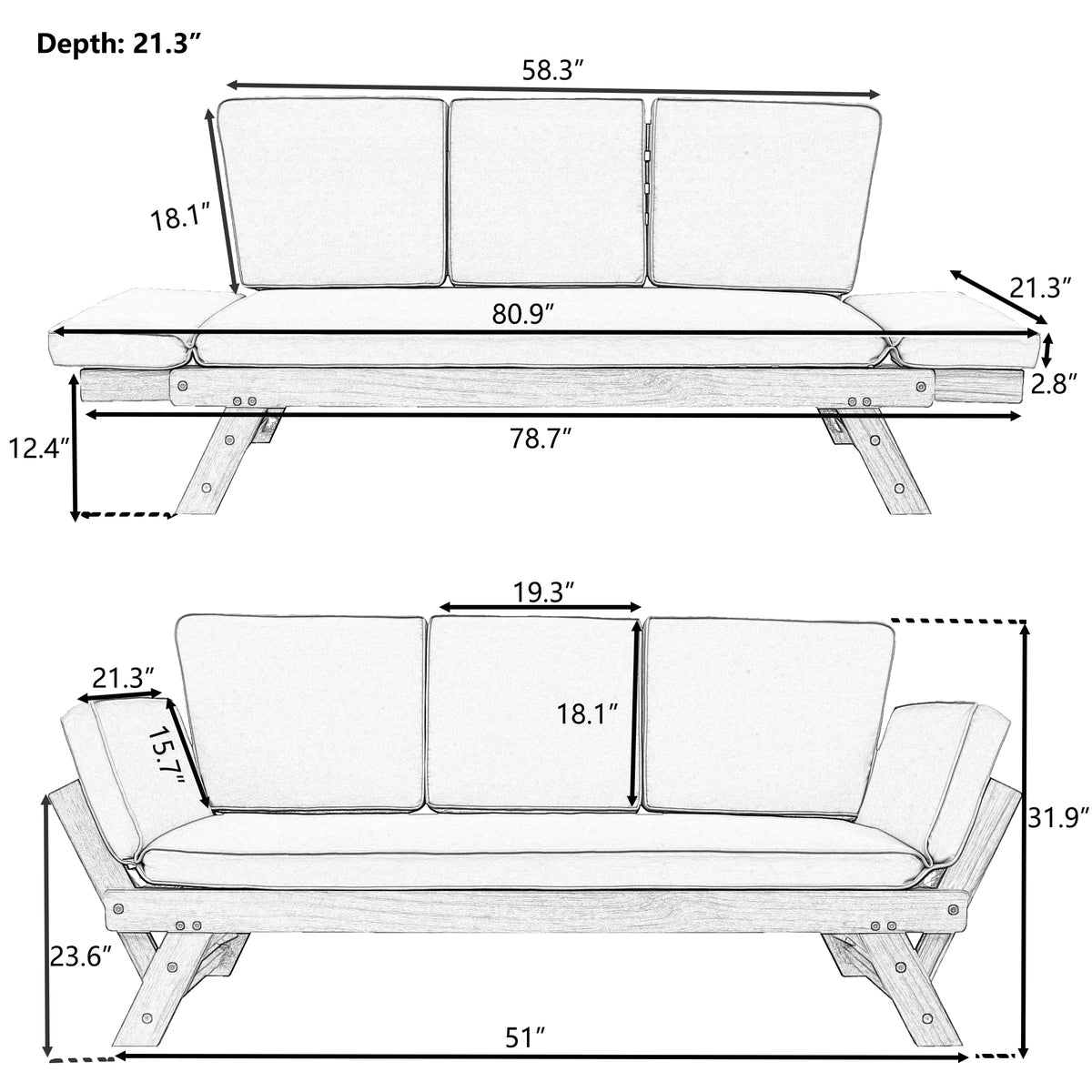 Outdoor Adjustable Patio Wooden Daybed Sofa Chaise Lounge With Cushions For Small Places, Brown Finish Gray Cushion Yes Complete Patio Set Gray Water Resistant Frame Water Resistant Cushion Garden & Outdoor Casual Sofa Seating Groups Foam Solid Wood