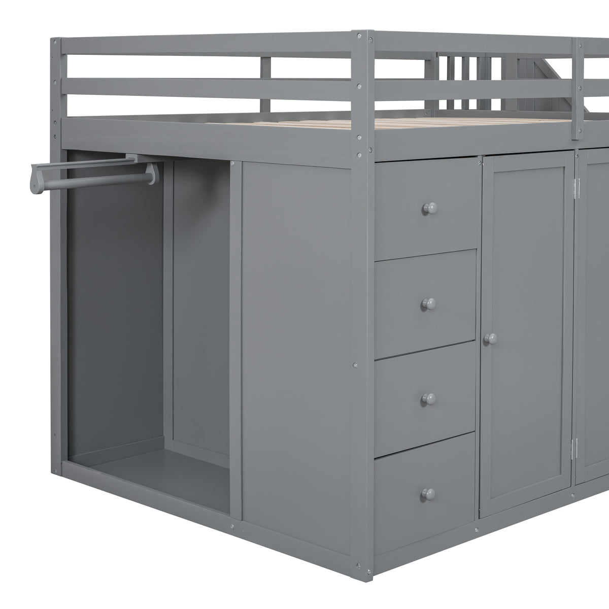 Full Size Wood Loft Bed With Built In Wardrobes, Cabinets And Drawers, Gray Gray Solid Wood Mdf