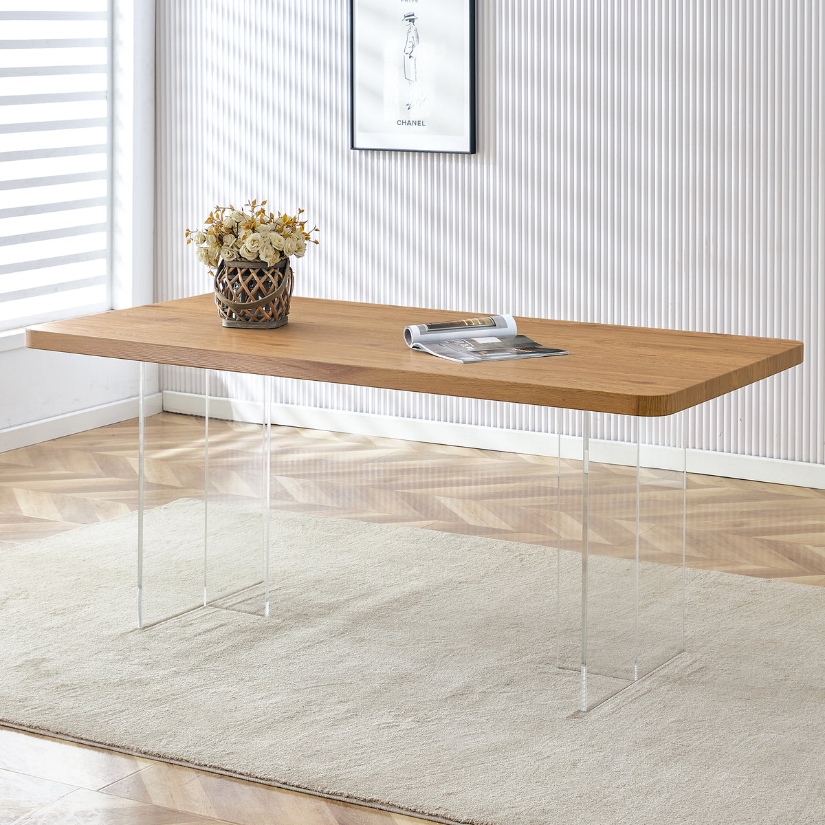 A Modern Minimalist Wooden Table With Acrylic Legs And Rectangular Tables. Computer Desk. Dining Table. Suitable For Restaurants, Living Rooms, And Kitchens. F 1298 Wood Mdf