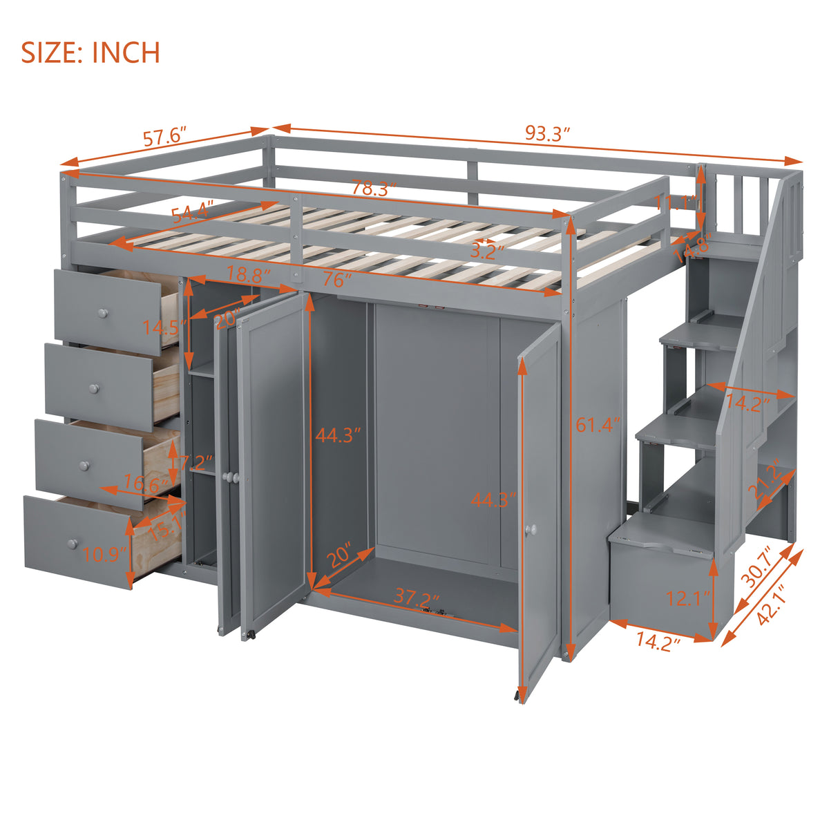 Full Size Wood Loft Bed With Built In Wardrobes, Cabinets And Drawers, Gray Gray Solid Wood Mdf