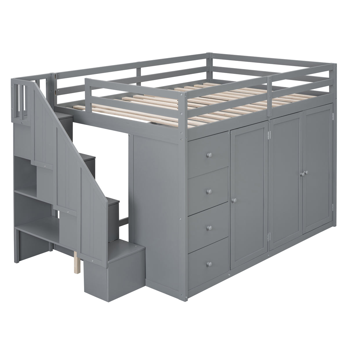 Full Size Wood Loft Bed With Built In Wardrobes, Cabinets And Drawers, Gray Gray Solid Wood Mdf