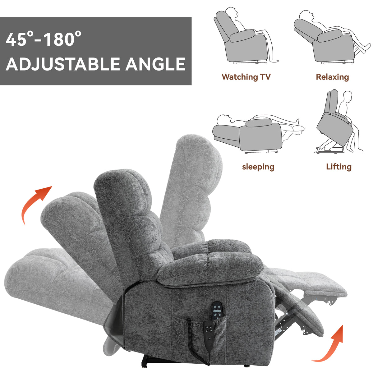 Lift Recliner Chair Heat Massage Dual Motor Infinite Position Up To 350 Lbs Large Electric Power Lift Recliners With Power Remote, Medium Firm And Heavy Duty, Grey White Metal Primary Living Space