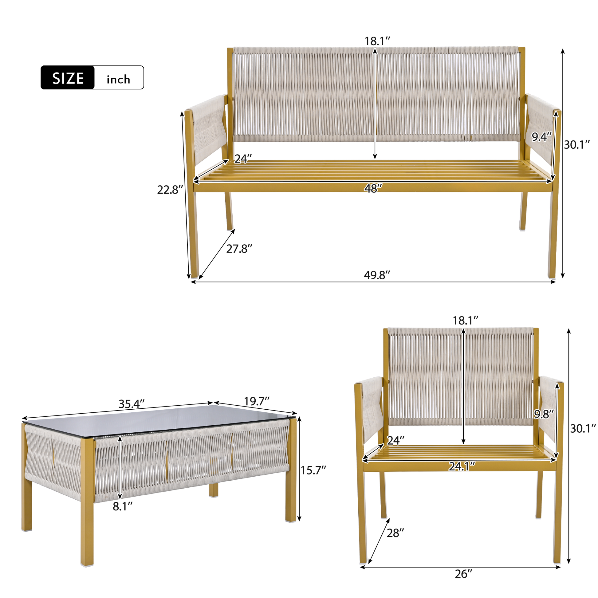 K&K 4 Piece Rope Patio Furniture Set, Outdoor Furniture With Tempered Glass Table, Patio Conversation Set Deep Seating With Thick Cushion For Backyard Porch Balcony Beige&Mustard Yellow Yes Complete Patio Set Beige Yellow Weather Resistant Frame Fade