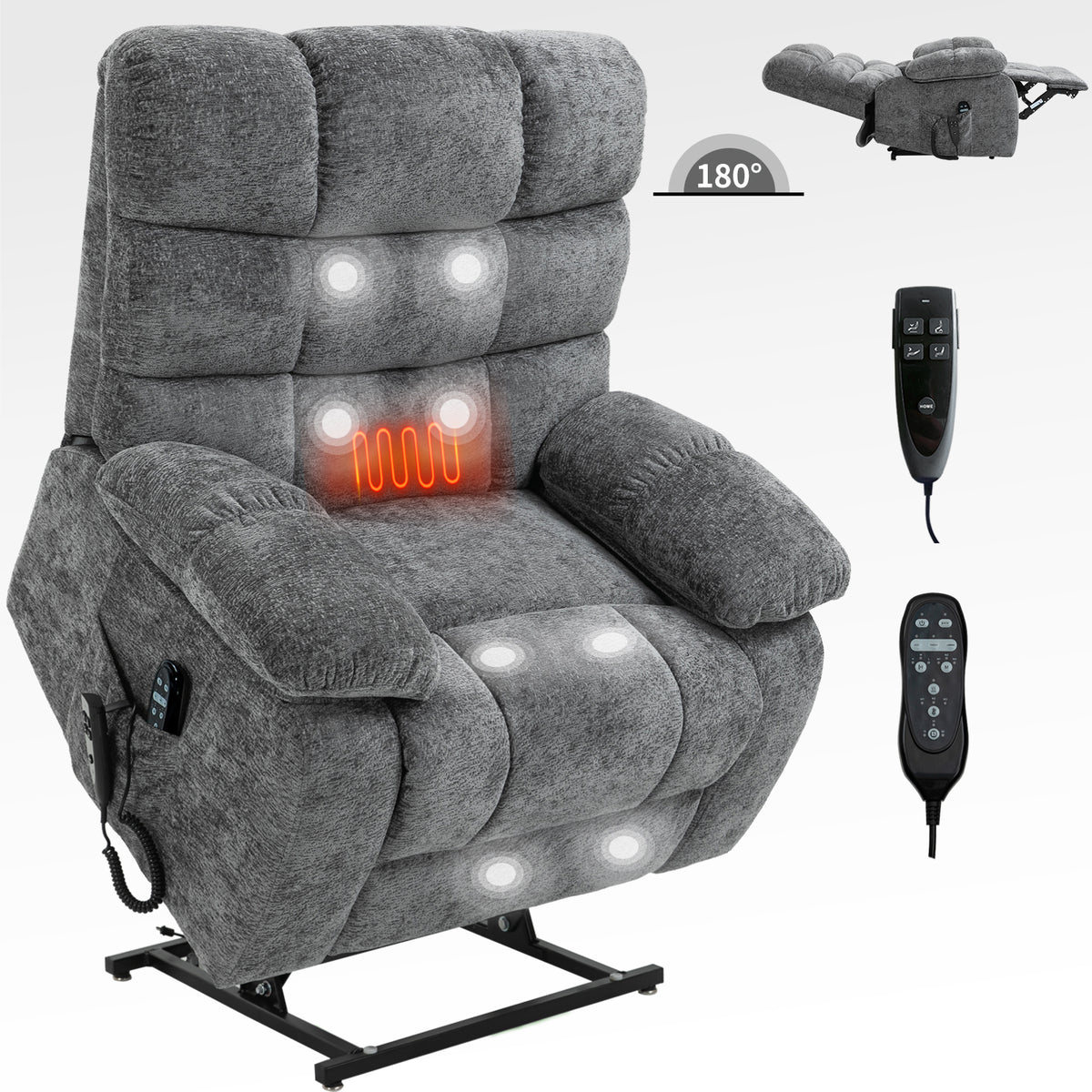 Lift Recliner Chair Heat Massage Dual Motor Infinite Position Up To 350 Lbs Large Electric Power Lift Recliners With Power Remote, Medium Firm And Heavy Duty, Grey White Metal Primary Living Space