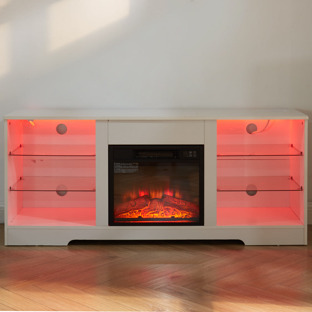 Tv Stand Electric Fireplace Tv Stand With Glass Shelves, 3D Fireplace Tv Stand With Led Lights Wood With Usb Charging Outlet Modern Television Table Center For Tv Up To 32 62" White 58''W*15.5''D*24.4 White 50 59 Inches Mdf