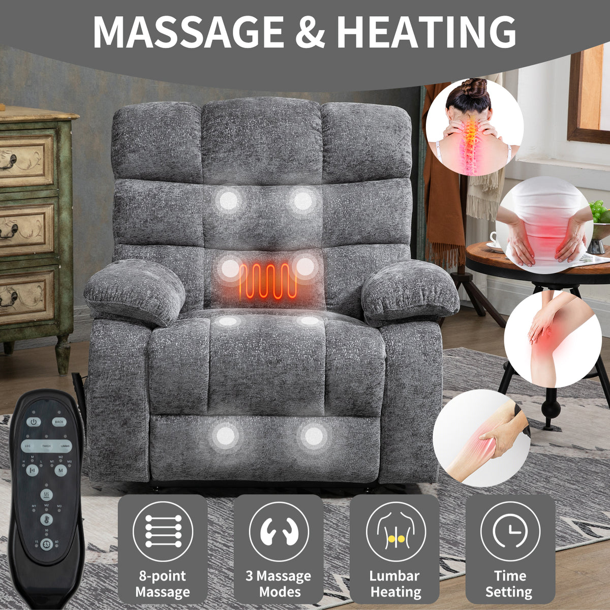 Lift Recliner Chair Heat Massage Dual Motor Infinite Position Up To 350 Lbs Large Electric Power Lift Recliners With Power Remote, Medium Firm And Heavy Duty, Grey White Metal Primary Living Space