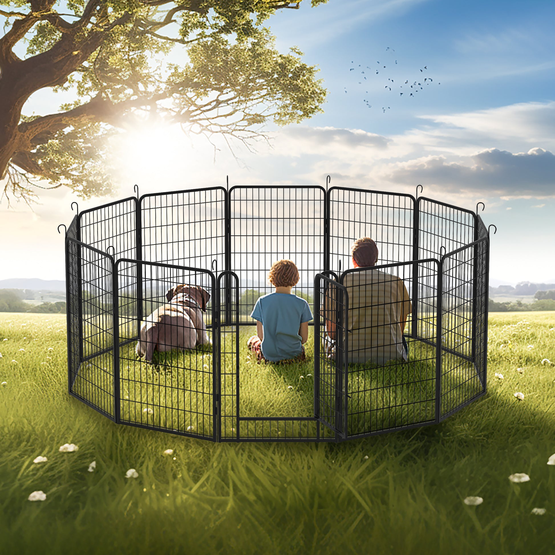 12 Panels Heavy Duty Metal Playpen With Door,39.37"H Dog Fence Pet Exercise Pen For Outdoor Black Metal