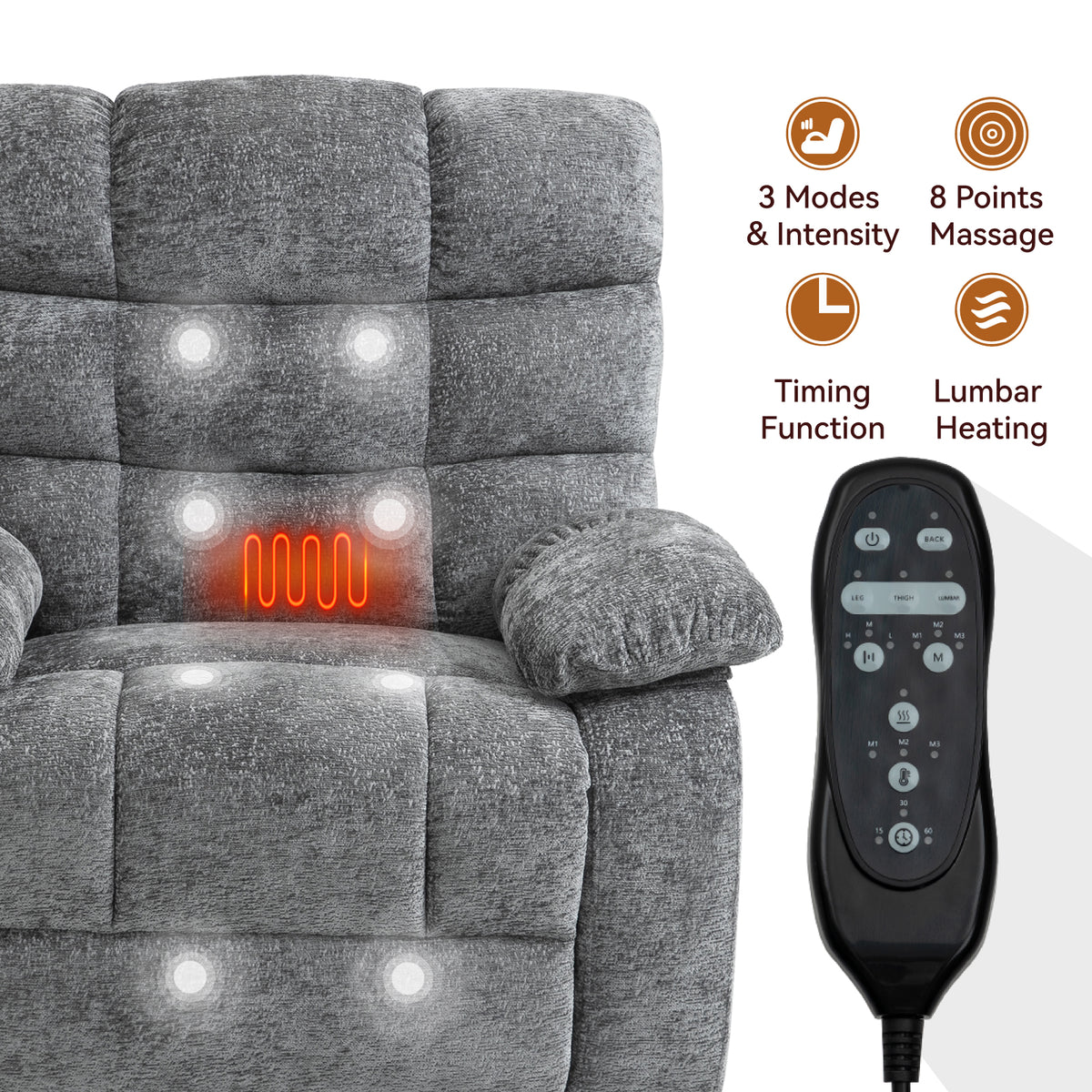 Lift Recliner Chair Heat Massage Dual Motor Infinite Position Up To 350 Lbs Large Electric Power Lift Recliners With Power Remote, Medium Firm And Heavy Duty, Grey White Metal Primary Living Space