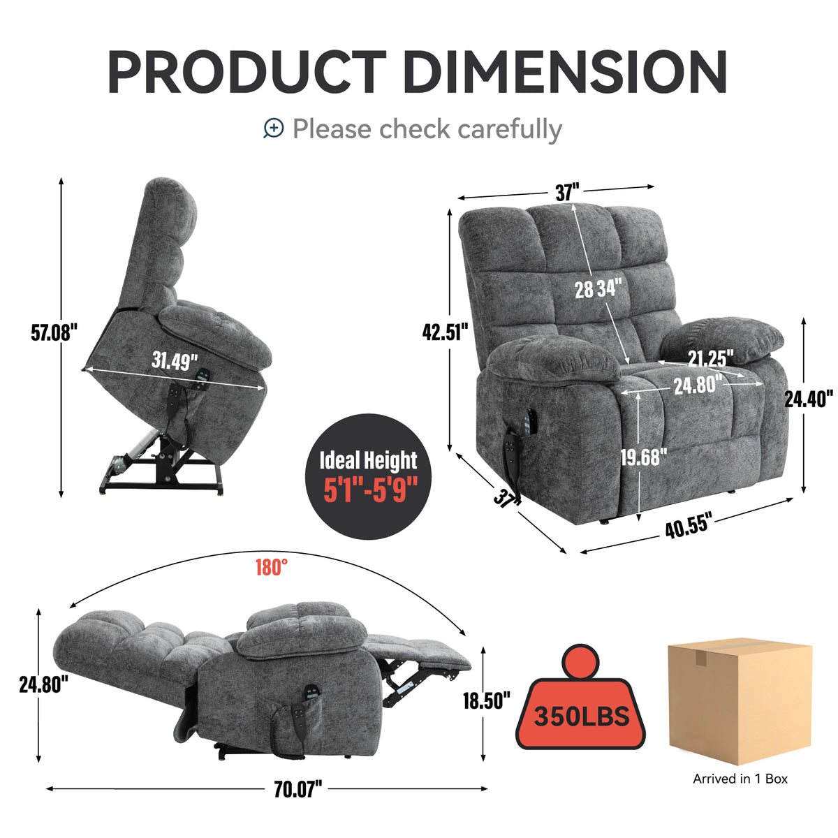 Lift Recliner Chair Heat Massage Dual Motor Infinite Position Up To 350 Lbs Large Electric Power Lift Recliners With Power Remote, Medium Firm And Heavy Duty, Grey White Metal Primary Living Space