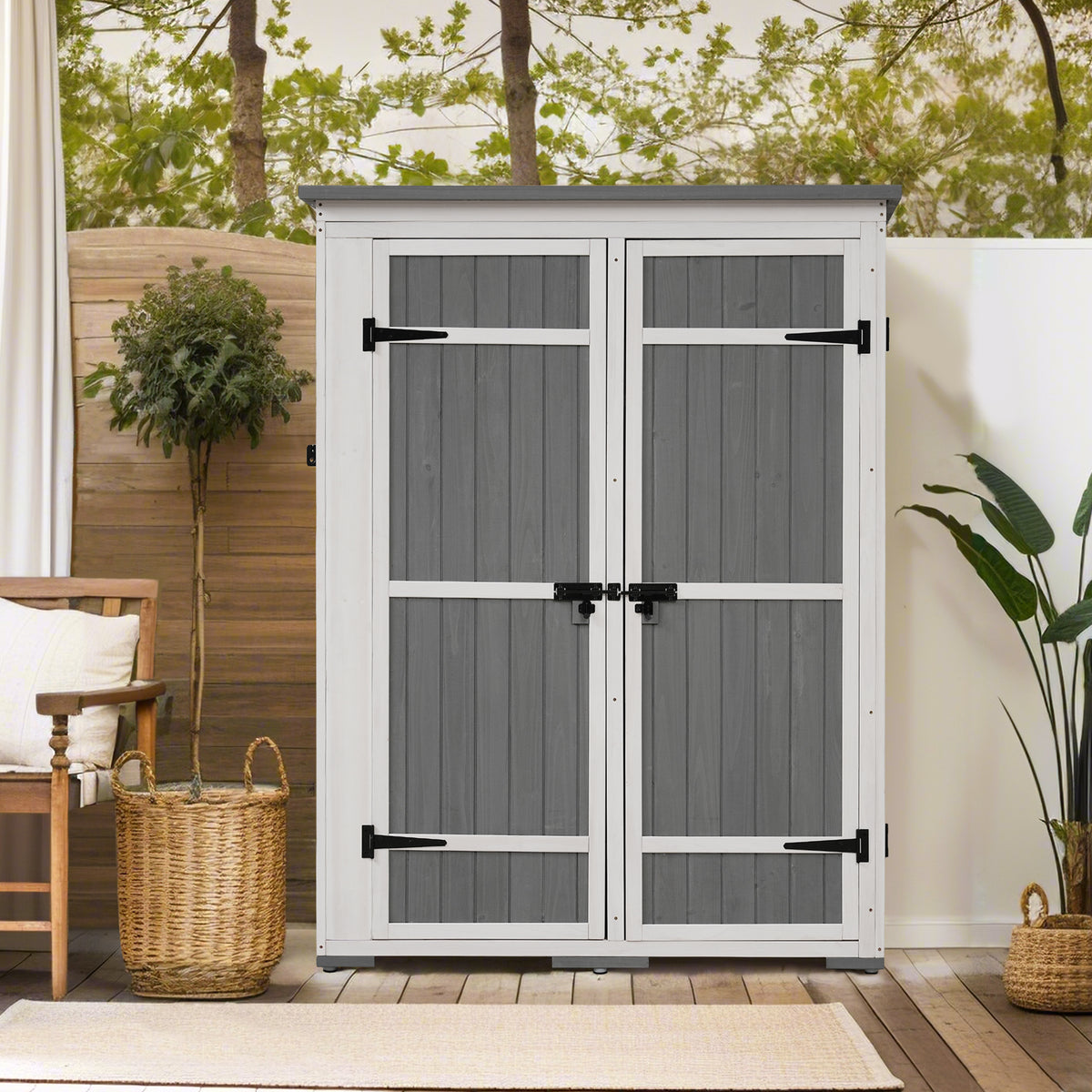 Outdoor 5.5Ft Hx4.1Ft L Wood Storage Shed, Garden Tool Cabinet With Waterproof Asphalt Roof, Four Lockable Doors, Multiple Tier Shelves, White And Gray White Gray Water Resistant Frame Garden &