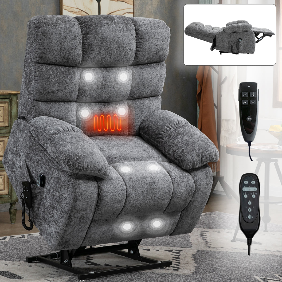 Lift Recliner Chair Heat Massage Dual Motor Infinite Position Up To 350 Lbs Large Electric Power Lift Recliners With Power Remote, Medium Firm And Heavy Duty, Grey White Metal Primary Living Space
