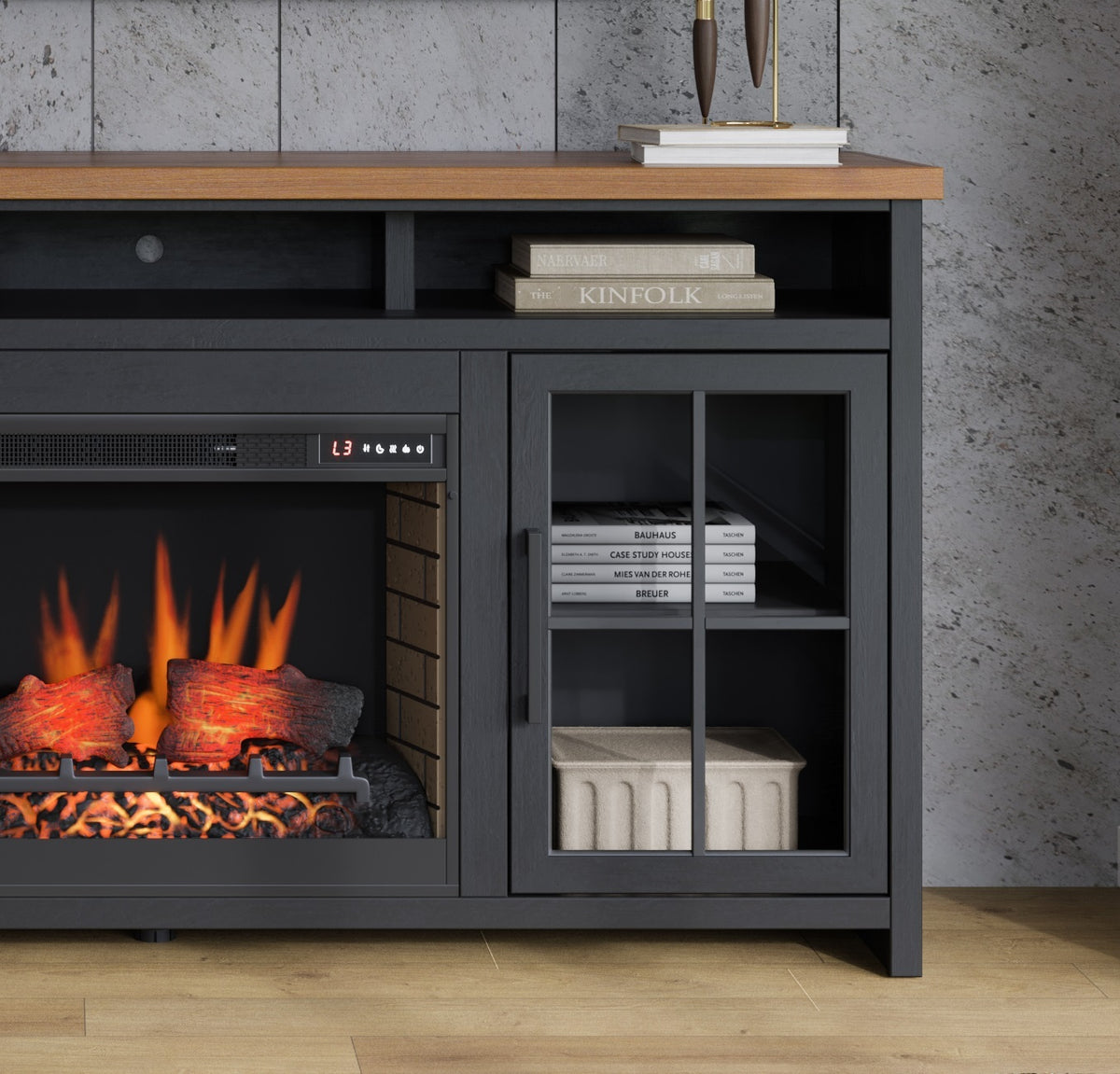 Essex 74 Inch Fireplace Tv Stand Console For Tvs Up To 85 Inches, Minimal Assembly, Black And Whiskey Finish Up To 40 Electric No Black 400 Vent Free Primary Living Space Coastal,Farmhouse Poplar Yes Insert Wood Electric