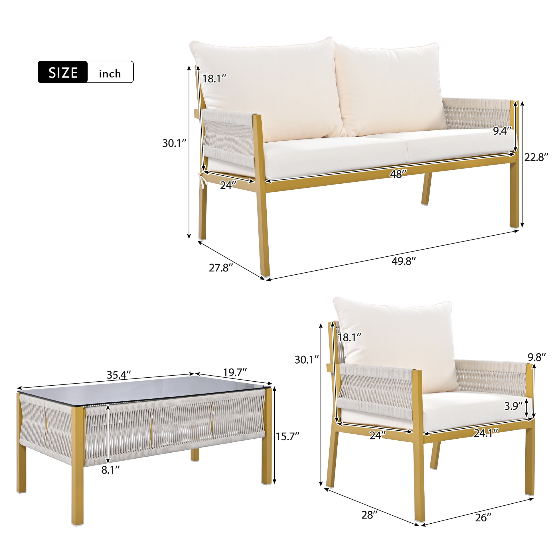K&K 4 Piece Rope Patio Furniture Set, Outdoor Furniture With Tempered Glass Table, Patio Conversation Set Deep Seating With Thick Cushion For Backyard Porch Balcony Beige&Mustard Yellow Yes Complete Patio Set Beige Yellow Weather Resistant Frame Fade