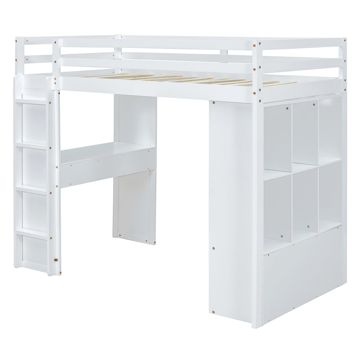 Full Size Loft Bed With Large Shelves, Writing Desk And Led Light, White White Solid Wood Mdf
