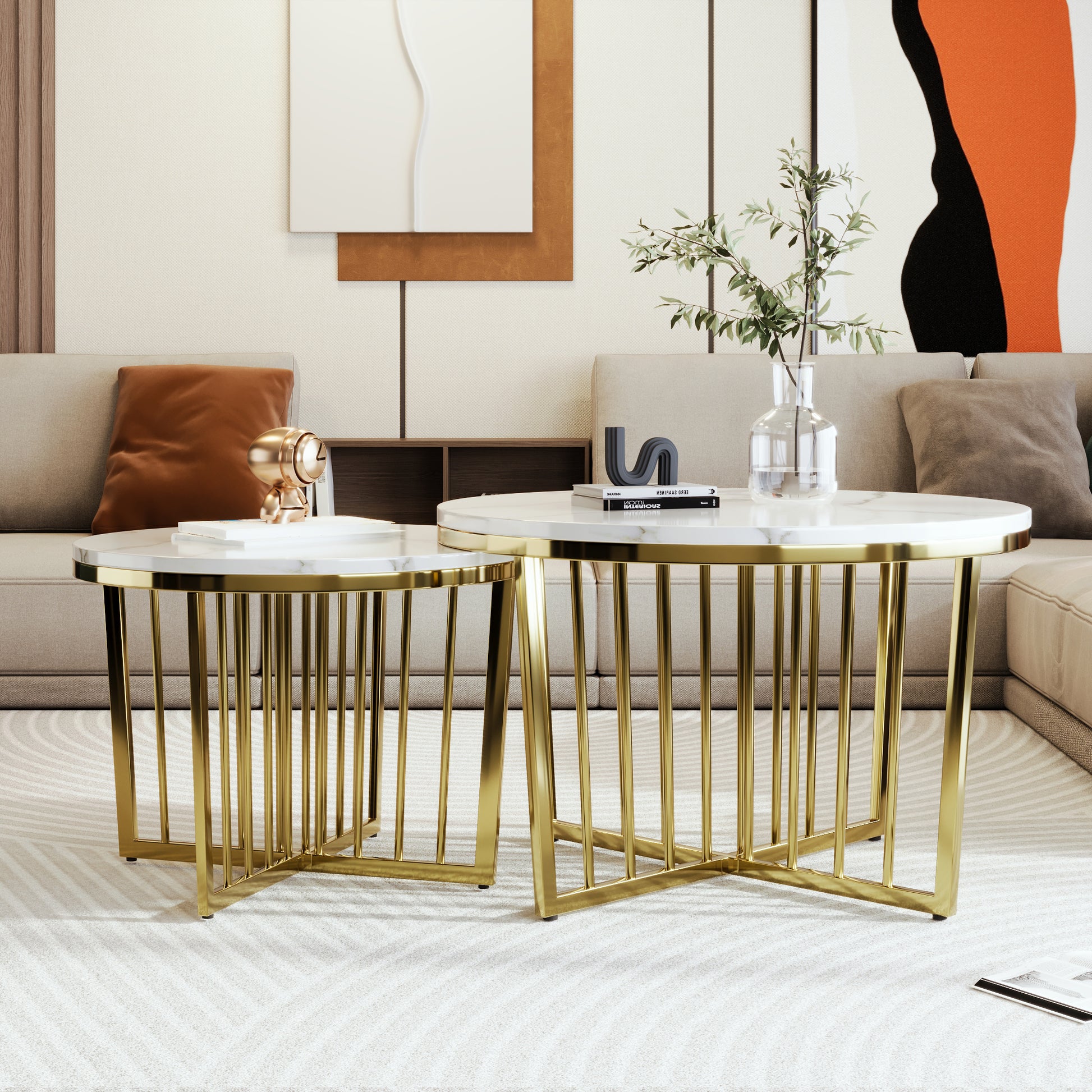 Modern Round Nesting Coffee Table Set 2 Piece White & Marbling Top Gold Base White Mdf