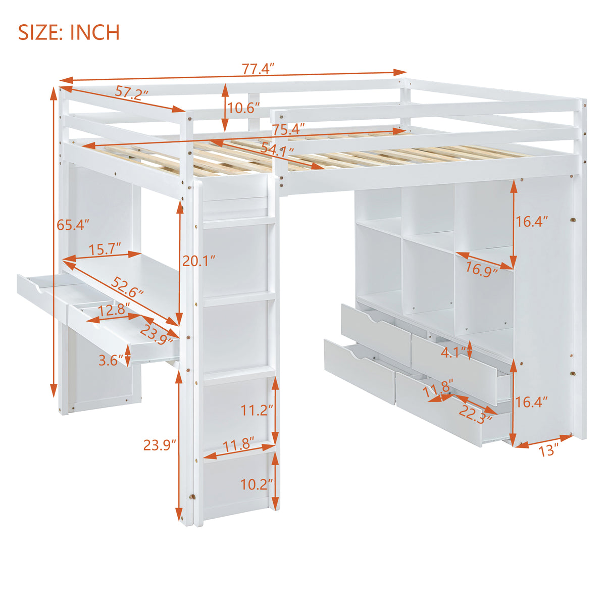Full Size Loft Bed With Large Shelves, Writing Desk And Led Light, White White Solid Wood Mdf