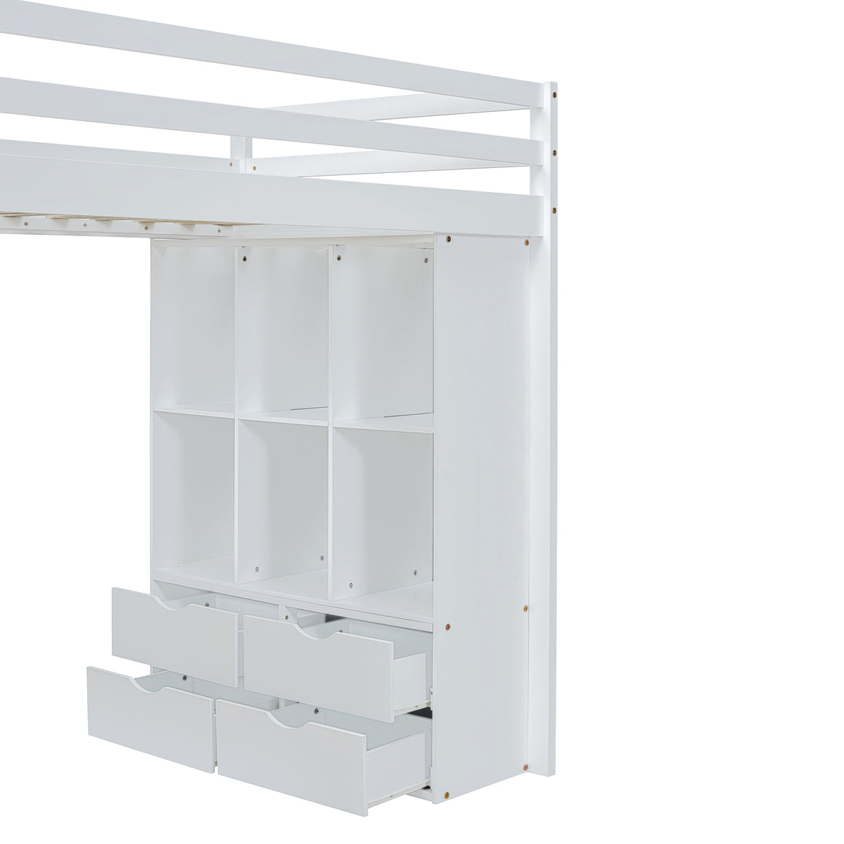 Full Size Loft Bed With Large Shelves, Writing Desk And Led Light, White White Solid Wood Mdf