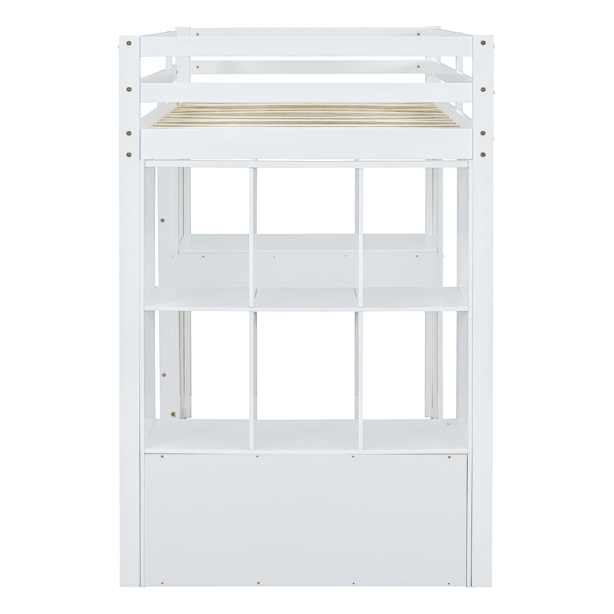 Full Size Loft Bed With Large Shelves, Writing Desk And Led Light, White White Solid Wood Mdf