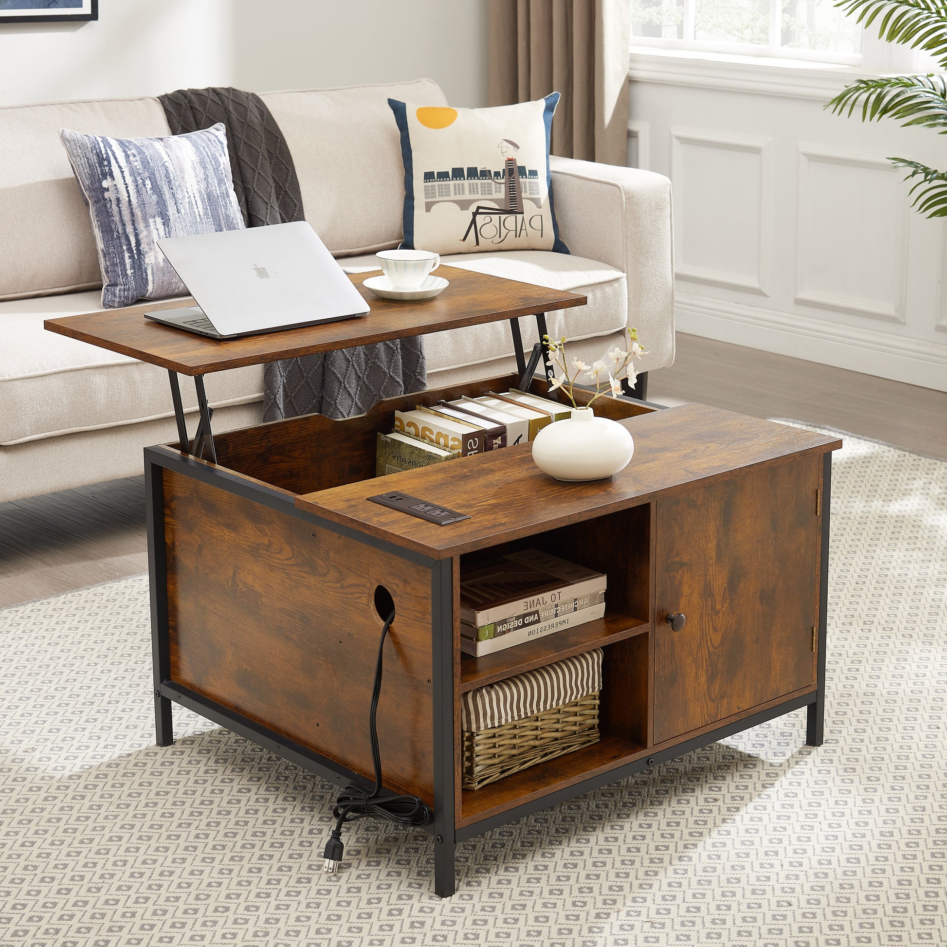 Lift Top Coffee Table, Multi Function Coffee Table With Hidden Compartment, Modern Lift Tabletop Dining Table For Living Room Reception Home Office, Rustic Brown Antique Brown Metal & Wood