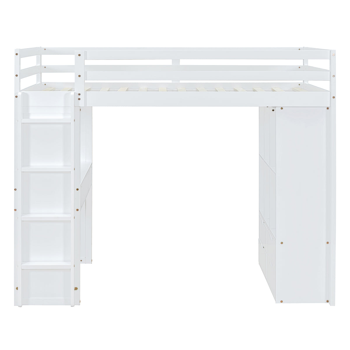 Full Size Loft Bed With Large Shelves, Writing Desk And Led Light, White White Solid Wood Mdf