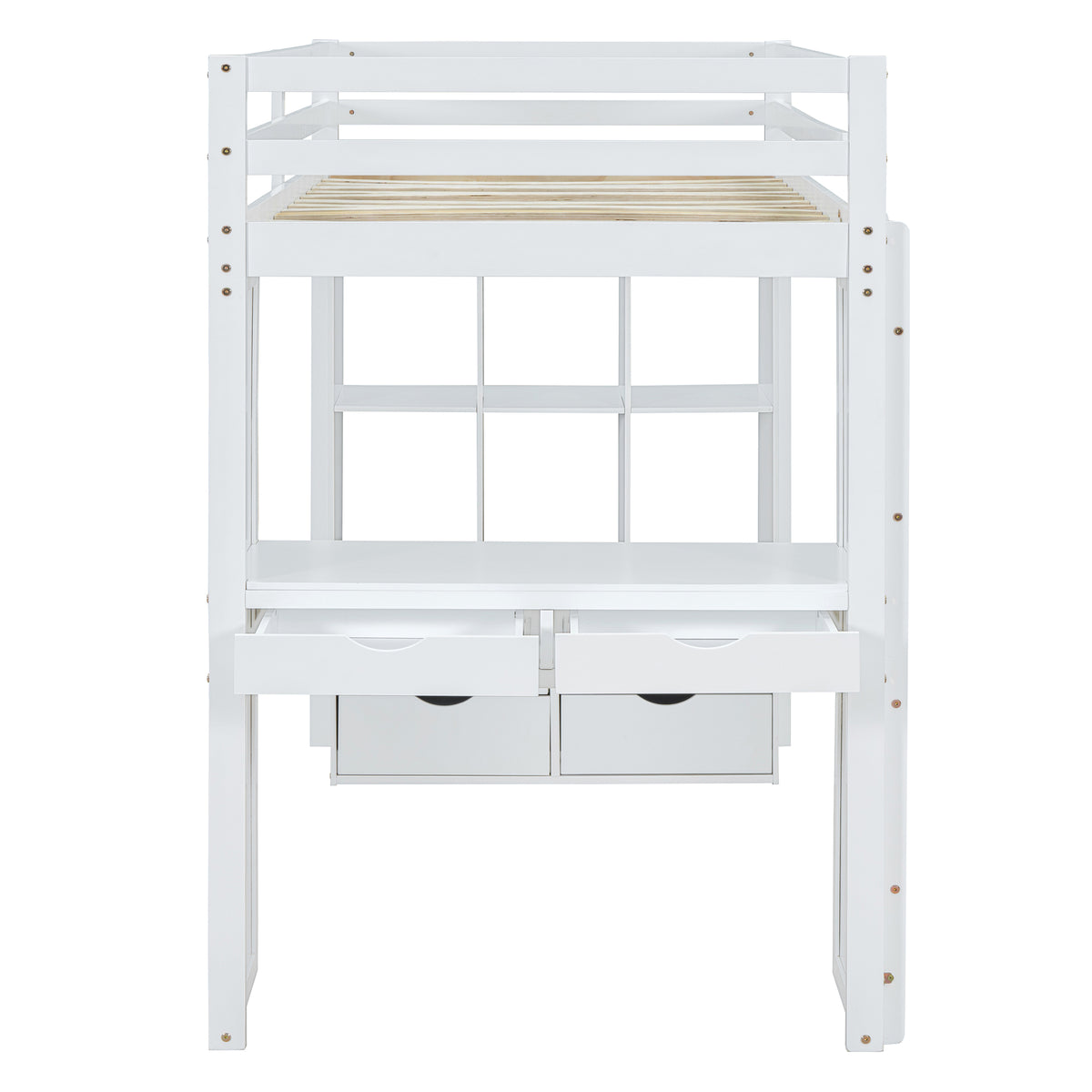 Full Size Loft Bed With Large Shelves, Writing Desk And Led Light, White White Solid Wood Mdf
