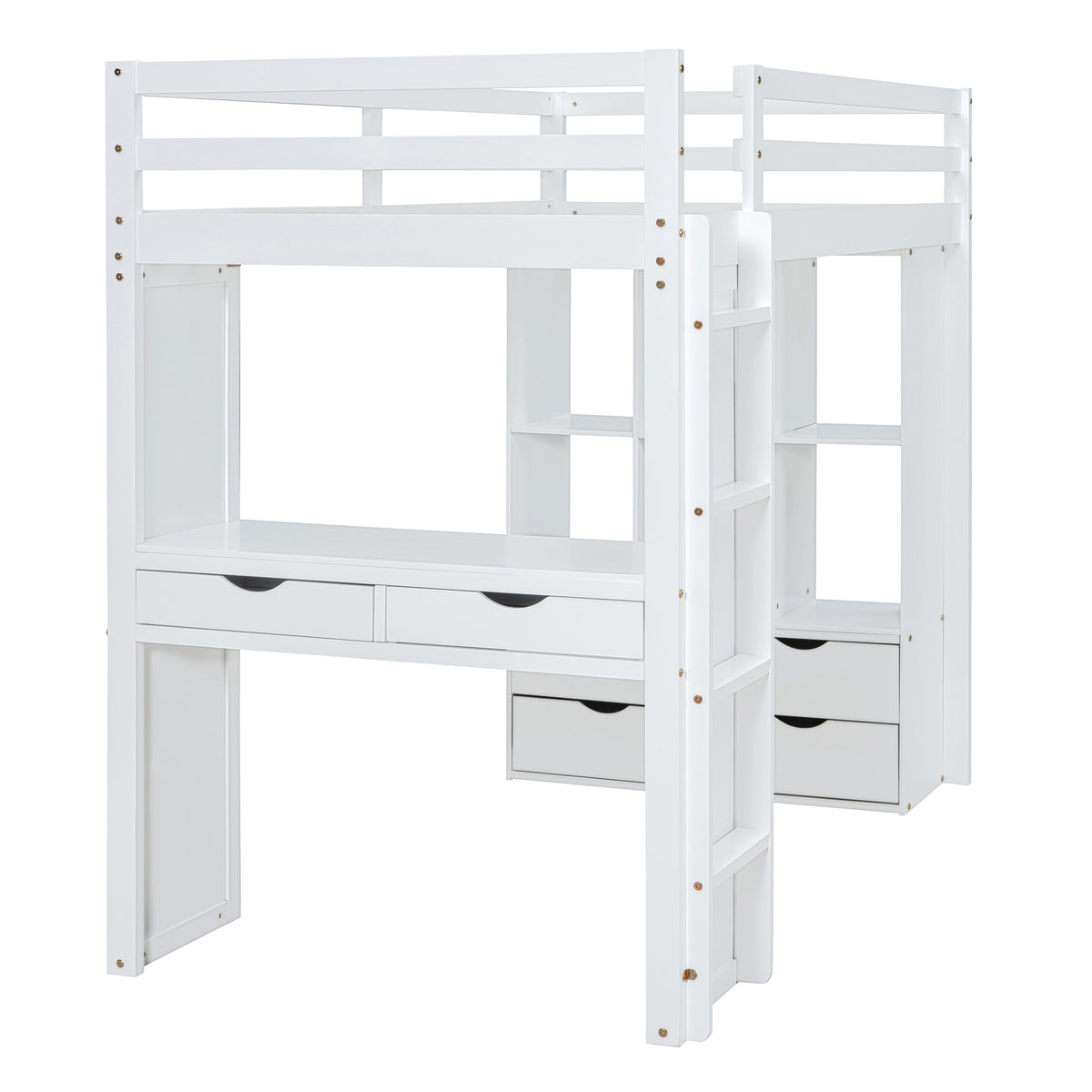 Full Size Loft Bed With Large Shelves, Writing Desk And Led Light, White White Solid Wood Mdf