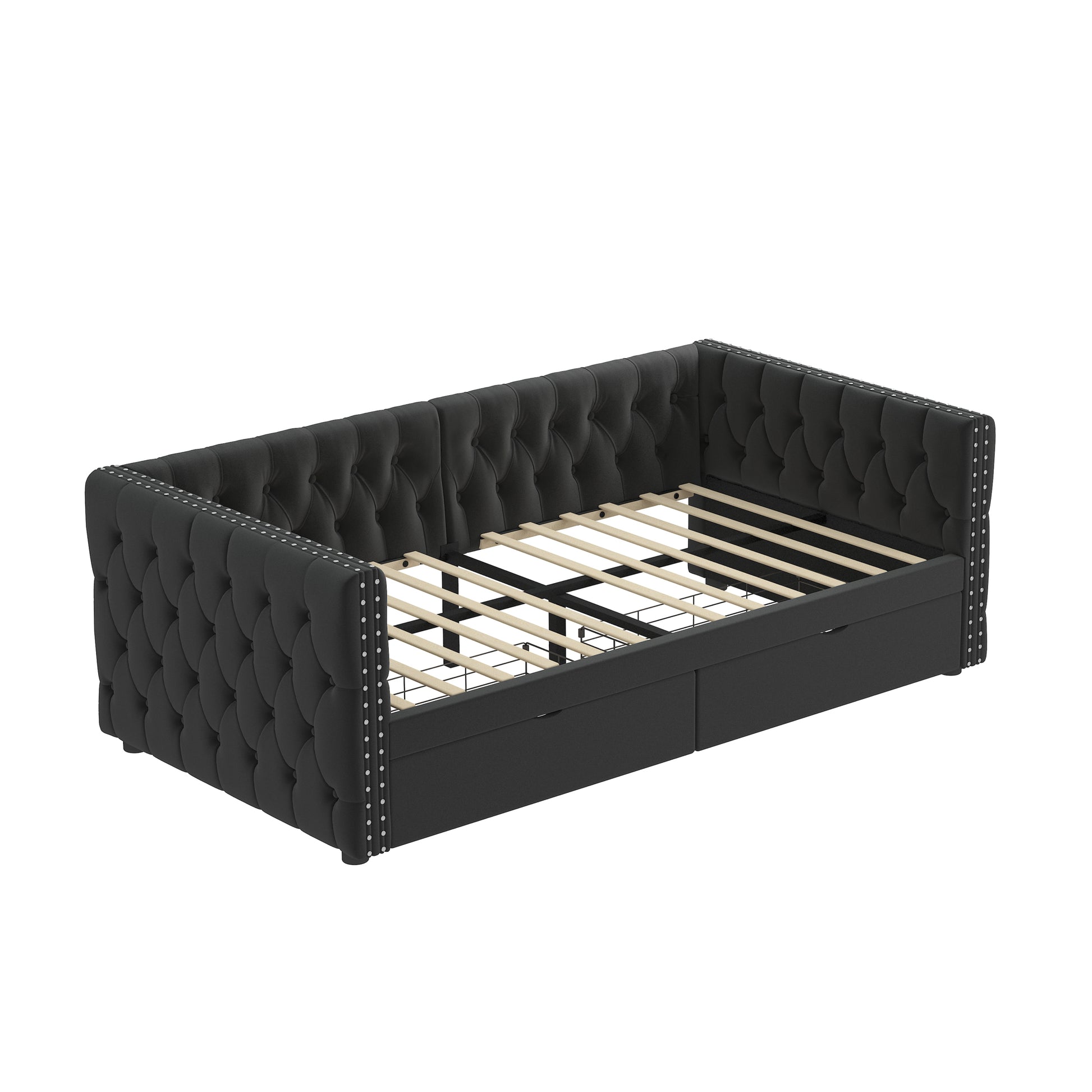 Twin Size Daybed With Drawers Upholstered Tufted Sofa Bed, With Button On Back And Copper Nail On Waved Shape Arms, Velvet 79.5"X41.5"X26.5" Twin Black Velvet