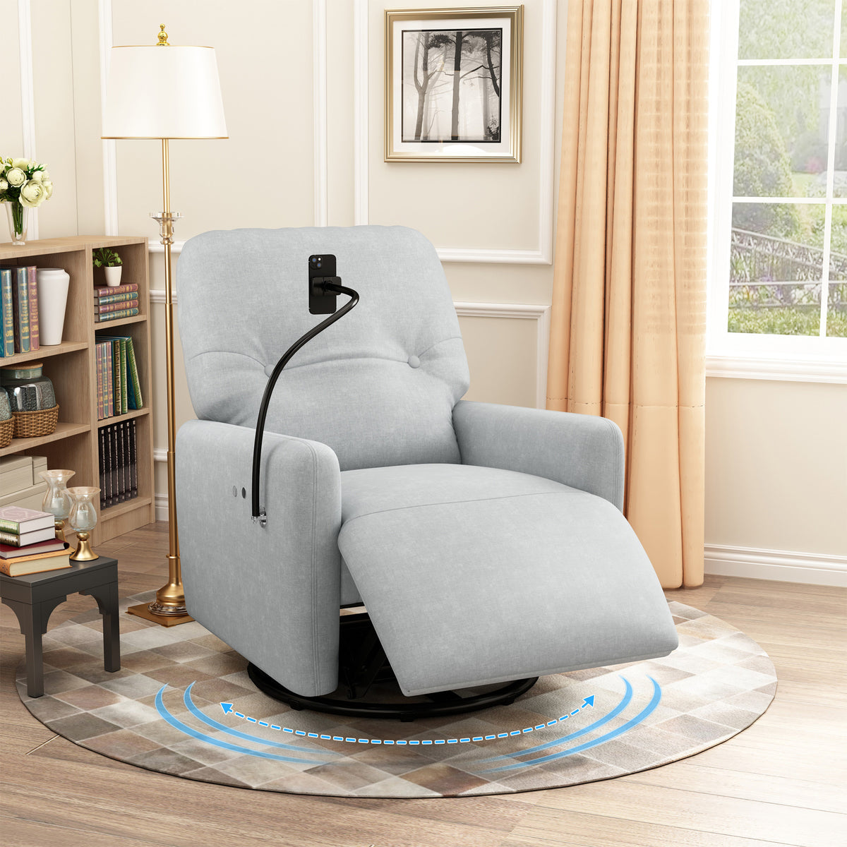 270 Degree Swivel Electric Recliner Home Theater Seating Single Reclining Sofa Rocking Motion Recliner With A Phone Holder For Living Room, Grey Grey Foam Polyester