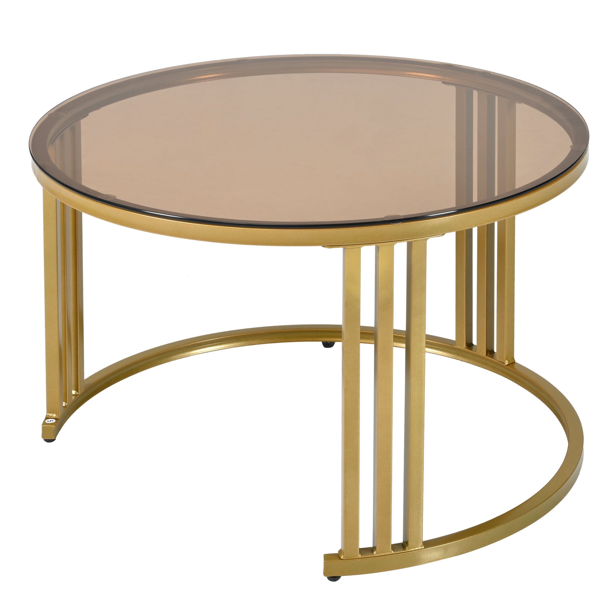 27.5'' & 19.6'' Stackable Coffee Table With 2 Drawers, Nesting Tables With Brown Tempered Glass And High Gloss Marble Tabletop, Set Of 2, Round Center Table For Living Room, White Golden White Primary Living Space Drawers Round Mdf Iron