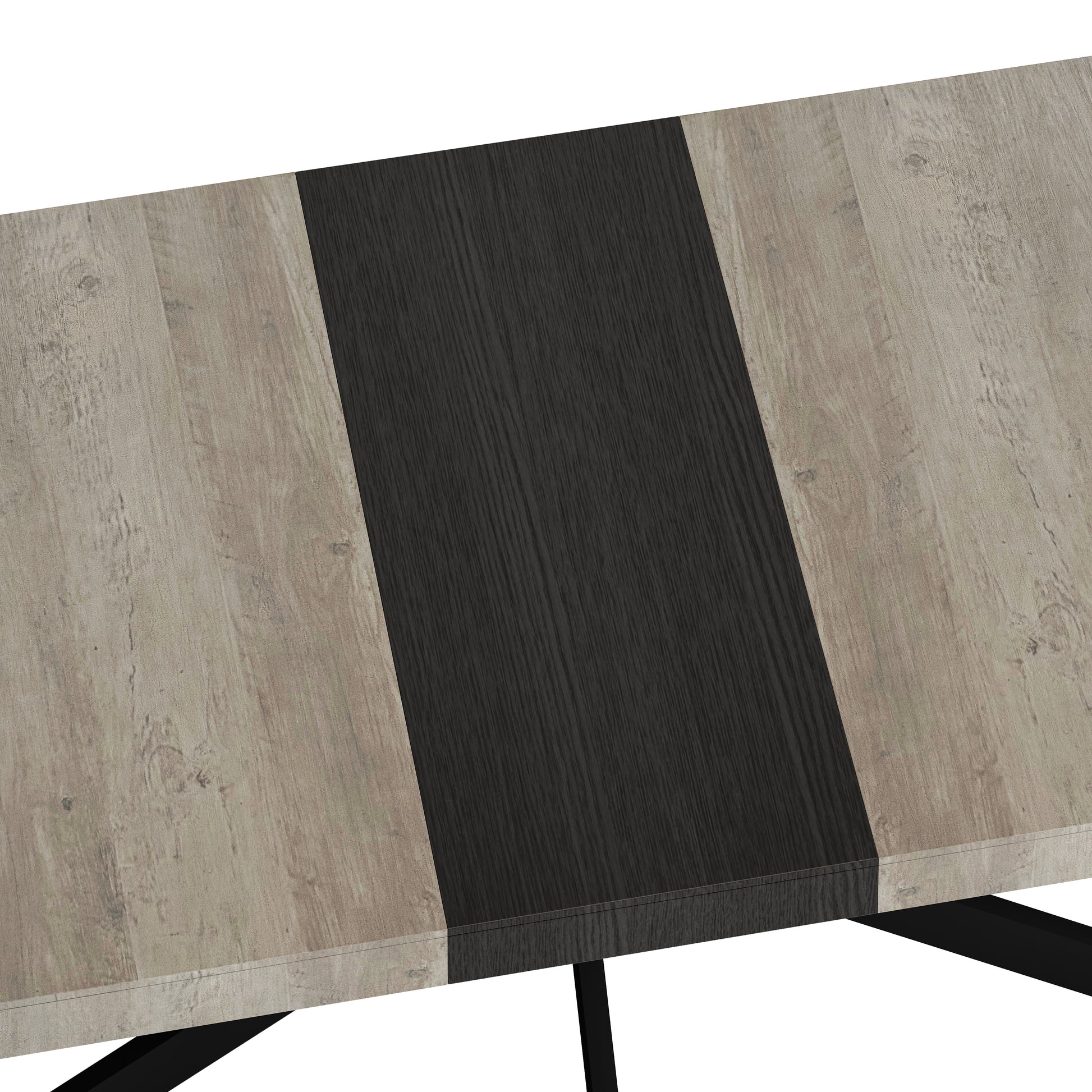 55.11'' 70.86"Retro Rectangular Stretch Dining Table, Grey Carole Top With Black Embossed Center Plate, Black Fine Sand Cross Iron Foot Base Dining Table, With Storage Box. Grey Seats 6 Rectangular Mdf Metal