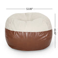 Maxi 5 Foot Two Color Fabric And Faux Leather Rounded Bean Bag, Beige And Coffee Brown Brown Beige Faux Leather