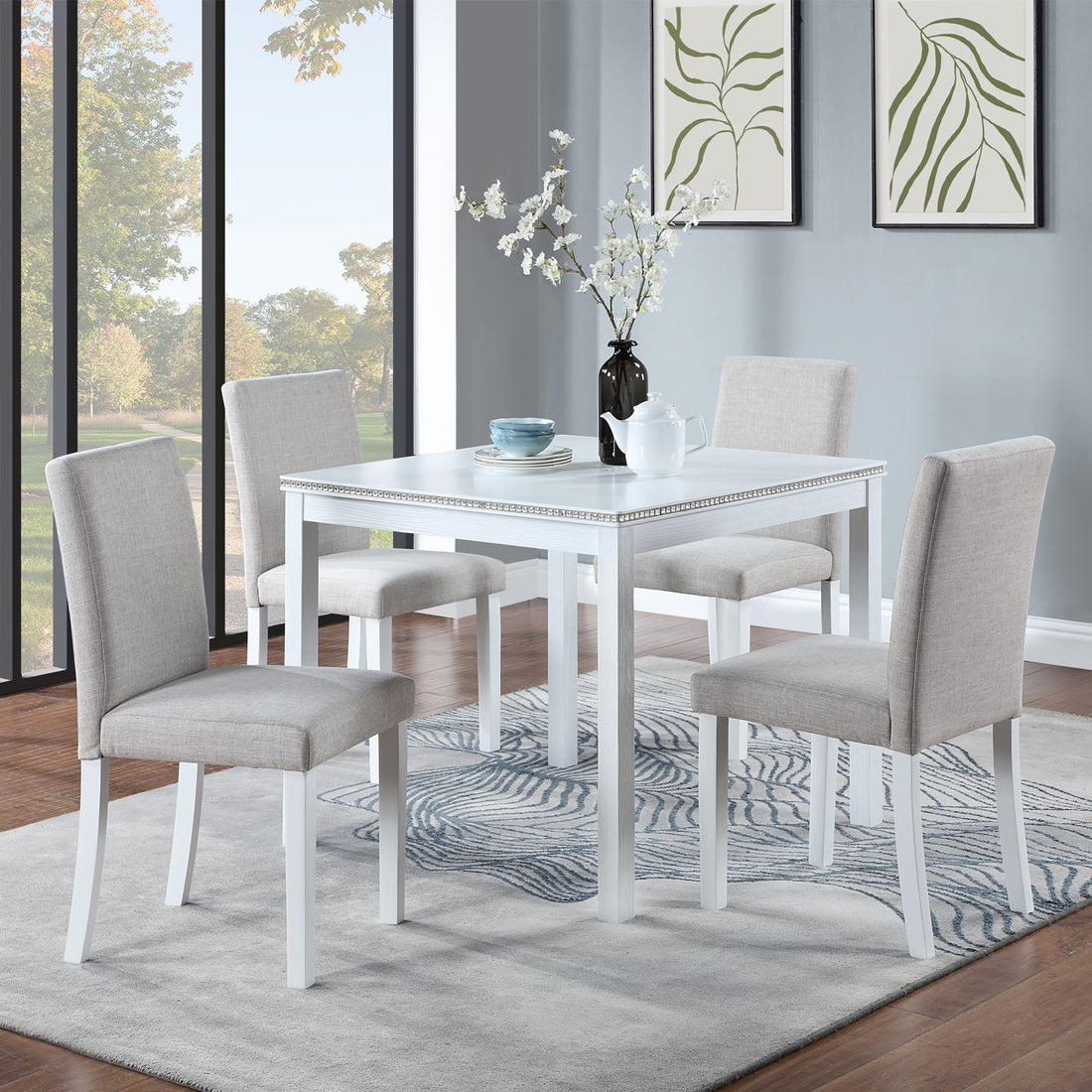 5 Piece Wooden Dining Table Set, Kitchen Table Set With A Square Table And 4 Upholstered Chairs, Wooden Dining Room Table With Crystal Decoration And Chairs Set For Kitchen, Dining Room, White Beige White Seats 4 Dining Room 4 Leg Square Dining Table