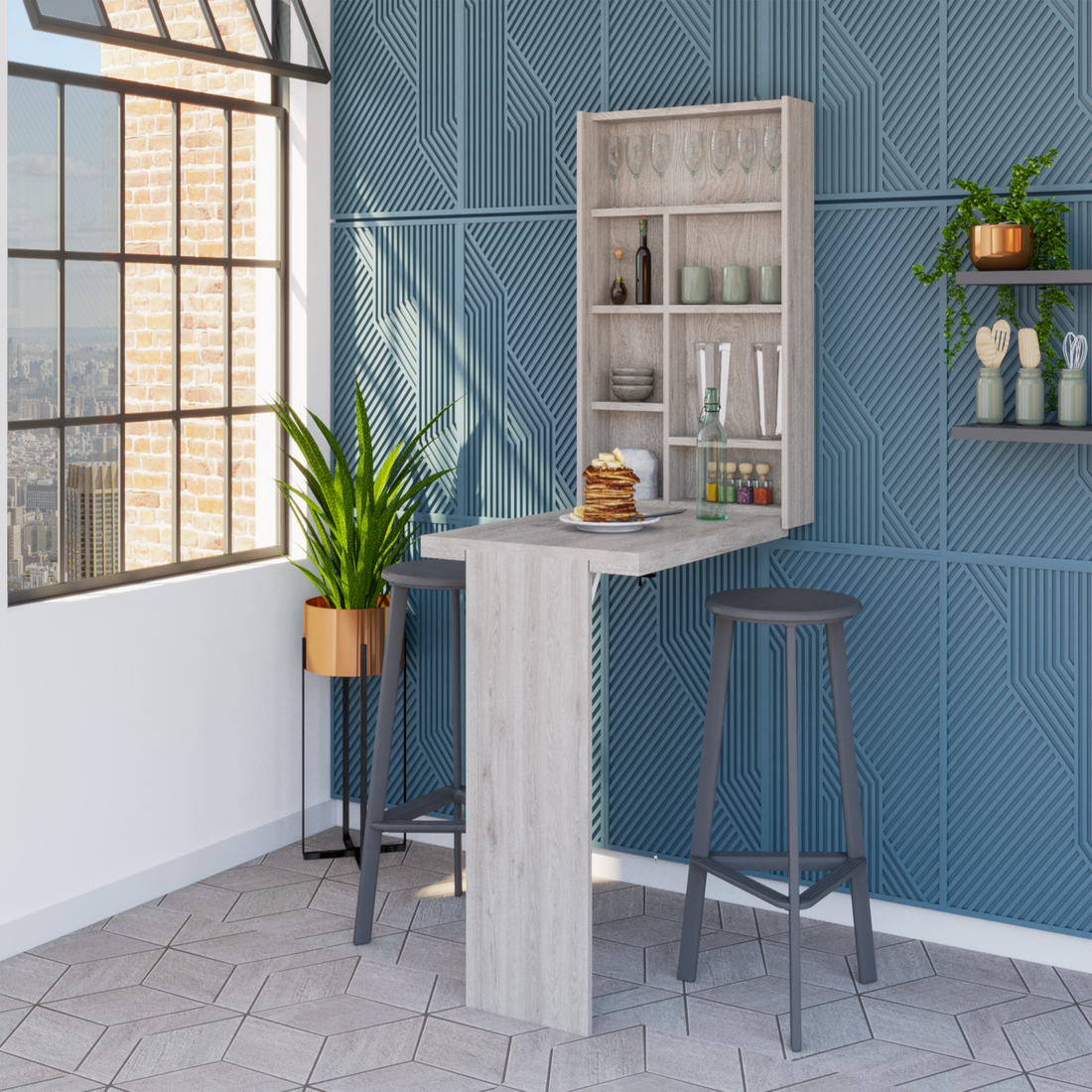 Wall Foldable Table With Multiple Shelves, Light Gray Gray Particle Board Particle Board