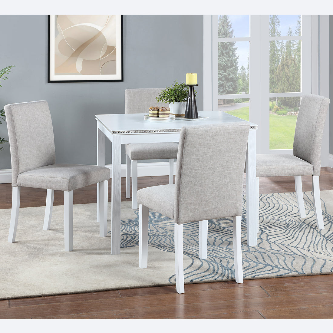 5 Piece Wooden Dining Table Set, Kitchen Table Set With A Square Table And 4 Upholstered Chairs, Wooden Dining Room Table With Crystal Decoration And Chairs Set For Kitchen, Dining Room, White Beige White Seats 4 Dining Room 4 Leg Square Dining Table
